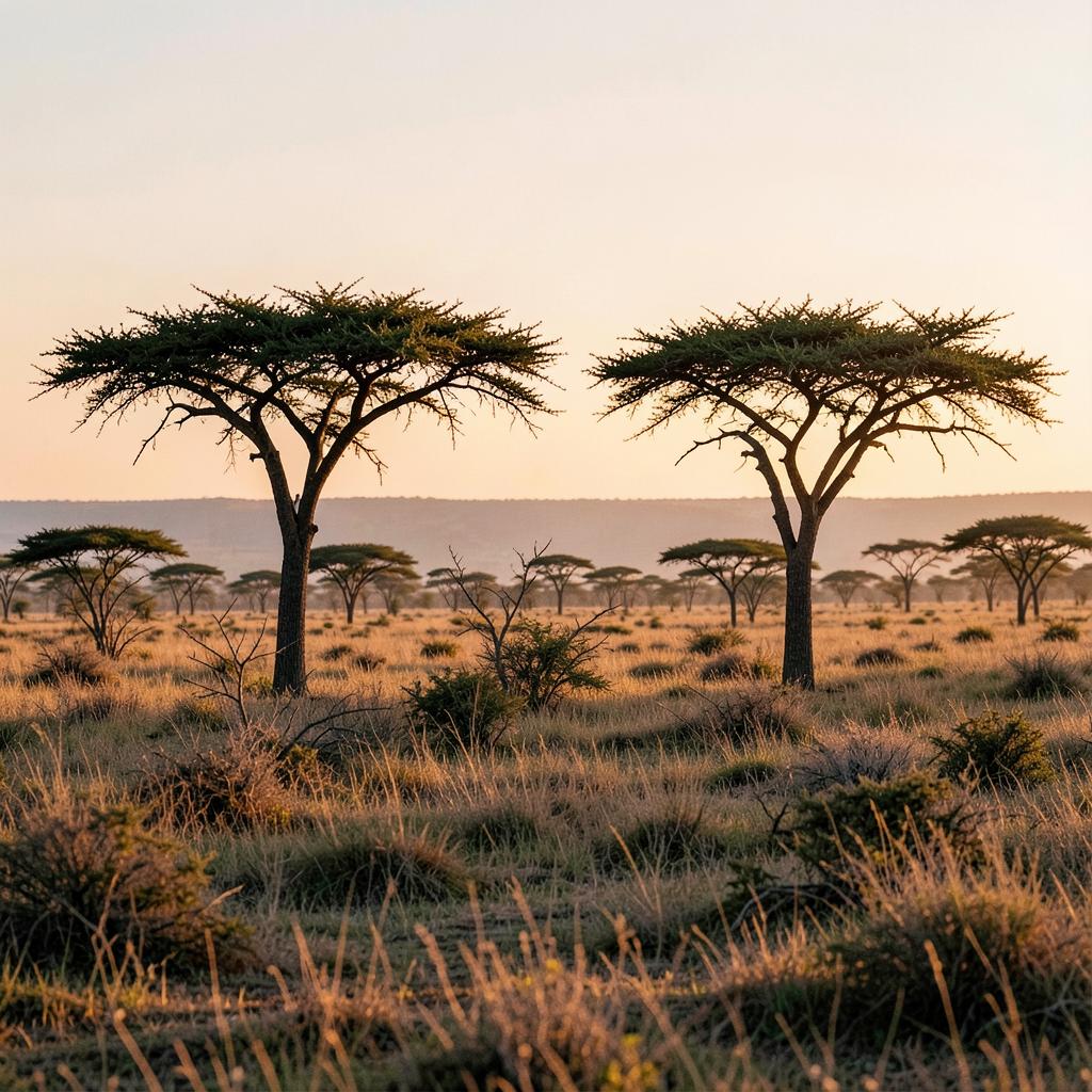 Paysage de savane africaine avec acacias au coucher du soleil