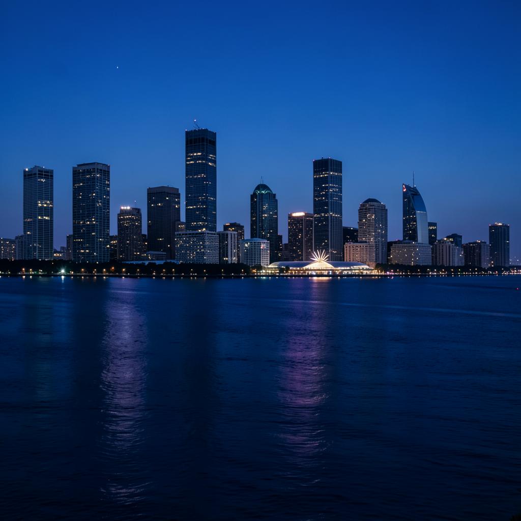 Silhouette d'une ville nord-américaine au crépuscule vue depuis l'eau