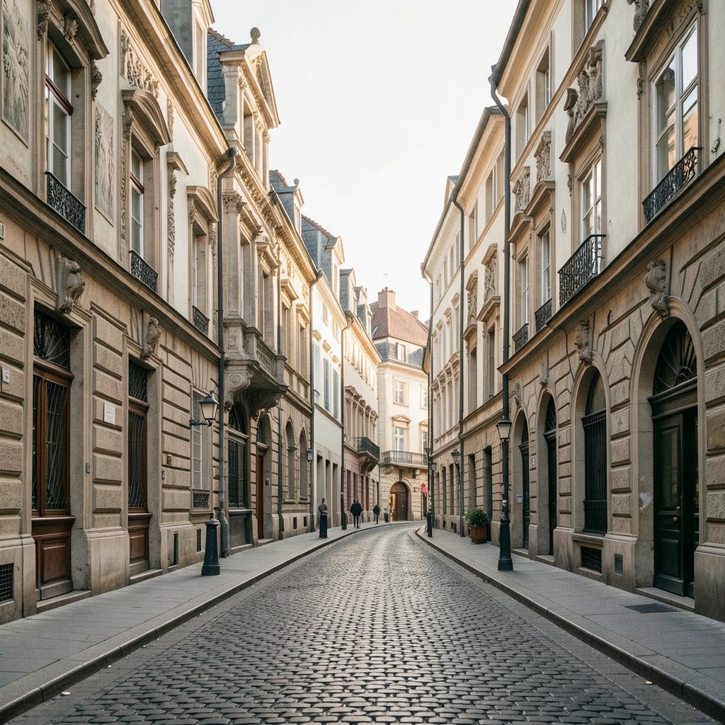 Rue pavée bordée d'immeubles européens historiques