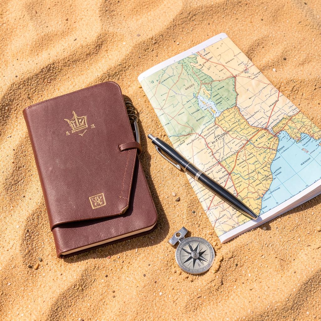 Passeport, carte routière, stylo et boussole posés sur du sable
